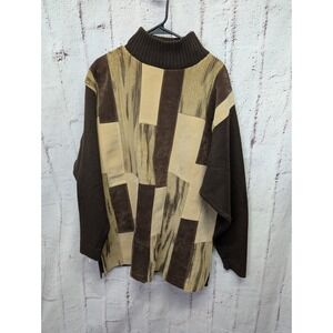 Koman Mens Sweater Beige‎ Brown VTG 80s Sweater Size XL Cozy Patchwork Stripes